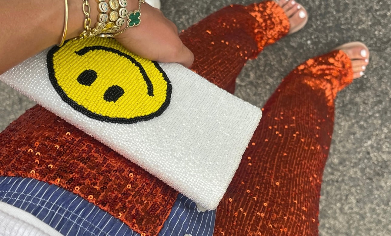 Smiley face beaded clutch